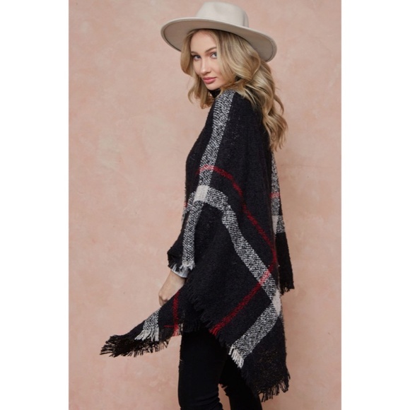 CLEARANCE Black Plaid Turtleneck Cape Poncho Knit Sweater - Picture 5 of 5